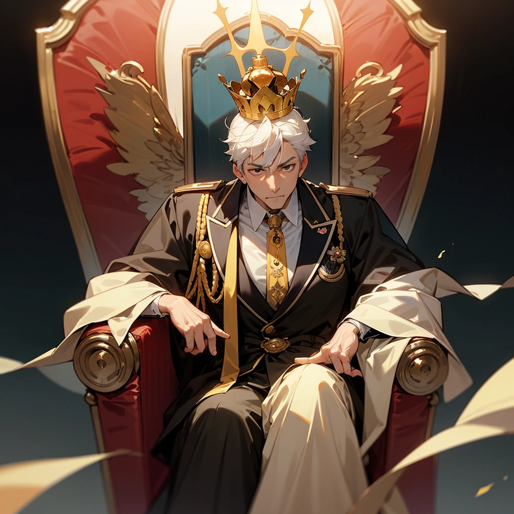 high resolution、A dignified king of a man。A well-built middle-aged man, the king。Wearing a crown。Take off your tie.。
Sitting on the throne。
Lavishly decorated costume。Fantasy
