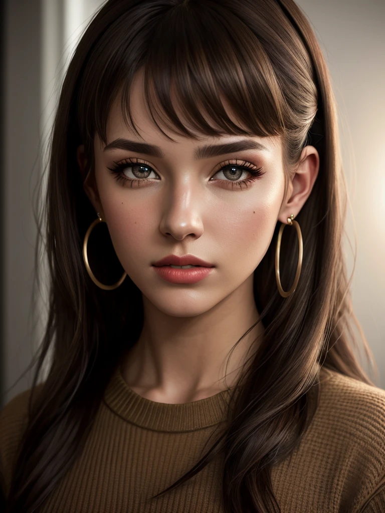 illustration, style of Philip Lorca diCorcia, cinematic film still portrait of young girl aged 18 yrs old, 1girl, solo, Instagram model, athletic figure, pretty face, wearing a brown sweater, light brown hair, curly hair, crossed bangs, constricted pupils, hair ribbon, hoop earrings, cinematic lighting, Ultra-Wide Angle, Canon, bust chart, Hyperrealism, UHD, masterpiece, textured skin, high details, best quality, detailed eyes, detailed iris, full body photo