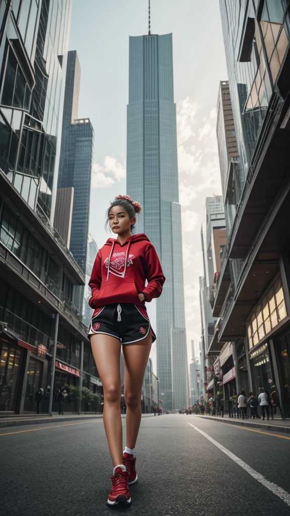 A woman gadgets armor  wearing a red hoodie, Laithai pattern warp shorts and sneakers running on the ground with legs crossed in an open space surrounded by glass buildings. This full body portrait is in the style of a real Dusky langur person photo with red high-top shoes and an exaggerated perspective composition.korean-look cinematic lighting flowing silver hair, tiny flowers in hair, intricate details, ornate, detailed, fantasy, octane. ผมยาว, หน้าอก, 