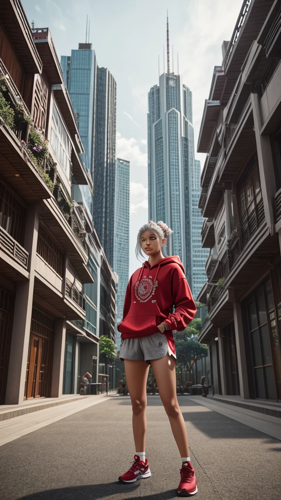 A woman gadgets armor wearing a red hoodie, Laithai pattern warp shorts and sneakers running on the ground with legs crossed in an open space surrounded by glass buildings. This full body portrait is in the style of a real Dusky langur person photo with red high-top shoes and an exaggerated perspective composition.korean-look cinematic lighting flowing silver hair, tiny flowers in hair, intricate details, ornate, detailed, fantasy, octane. ผมยาว, หน้าอก,