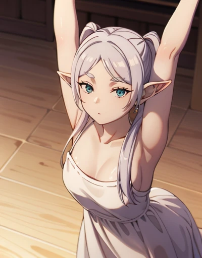 (best qualityer, work of art),sexly,  erotic, 18+, NSFW, 1 girl, 18 years old, scorn, pride, long silver hair,glare eyes, ((standing)), (((stretching))), ((greeneyes)), ((two ponytails)), white gown, (((From  above))), mic , with elf ears 