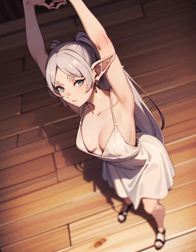 (best qualityer, work of art),sexly,  erotic, 18+, NSFW, 1 girl, 18 years old, scorn, pride, long silver hair,glare eyes, ((standing)), (((stretching))), ((greeneyes)), ((two ponytails)), white gown, (((From  above))), mic , with elf ears 