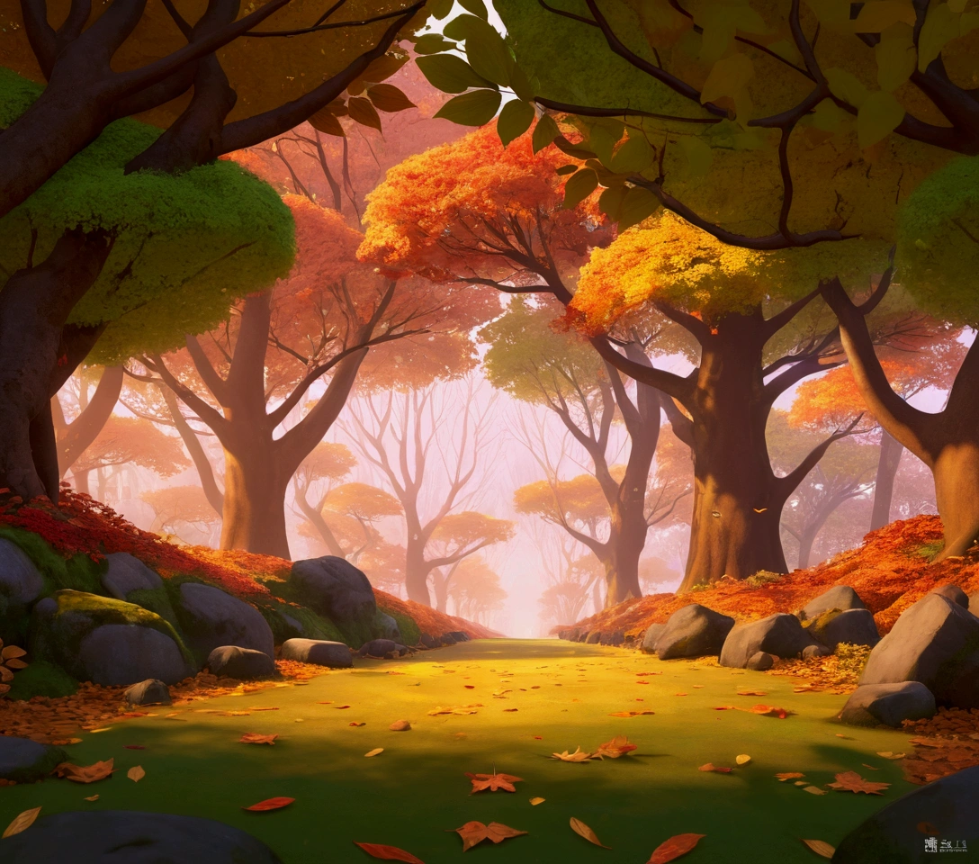 best quality,Extremely detailed,3DCartoon，Hand-painted effect，Cartoon，landscape,autumn,Beautiful warm colors,Sunlight shines through the trees,vibrant foliage,Peaceful atmosphere,fresh air,Fine mist,Fallen leaves cover the earth,Sunlight shines through the canopy,Dappled Light,Thick trunk，Silence,Sturdy trunk,Majestic branches reaching toward the sky,Fallen leaves floating gently in the air,Delicate autumn leaves dancing in the wind,Rich bark texture,Lovely orange tones,Red,and,Colorful foliage covers the forest floor,Rustling leaves,长满青苔的岩石and倒下的原木,Golden Hour Lighting,and平与安宁的氛围.