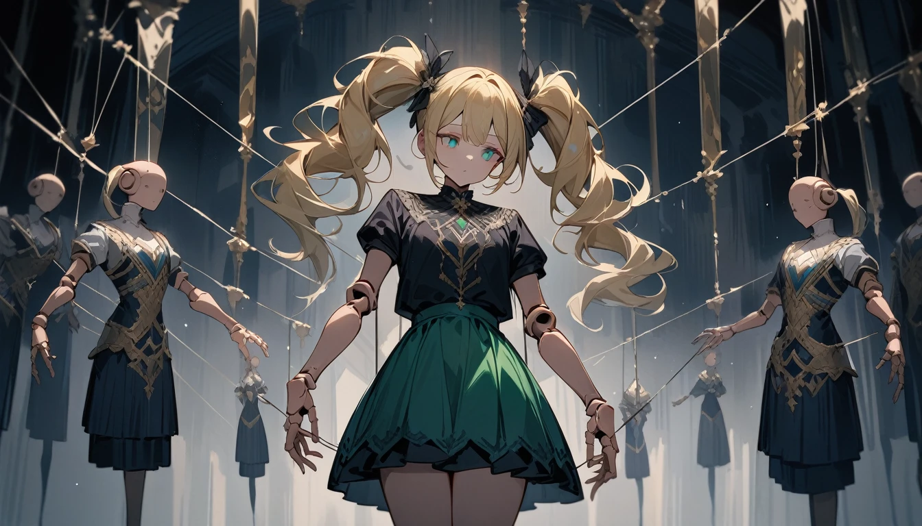 Highest quality,masterpiece,One person,Suspension,Beautiful eyes,green,Blonde,Twin tails,Facial beauty,Cowboy Shot,Expressionless,Hanging by a thread,whole body,Are standing,Suspension,Doll joints,Short sleeve,skirt,Tilt your head,Stretch your arms,World of mirrors