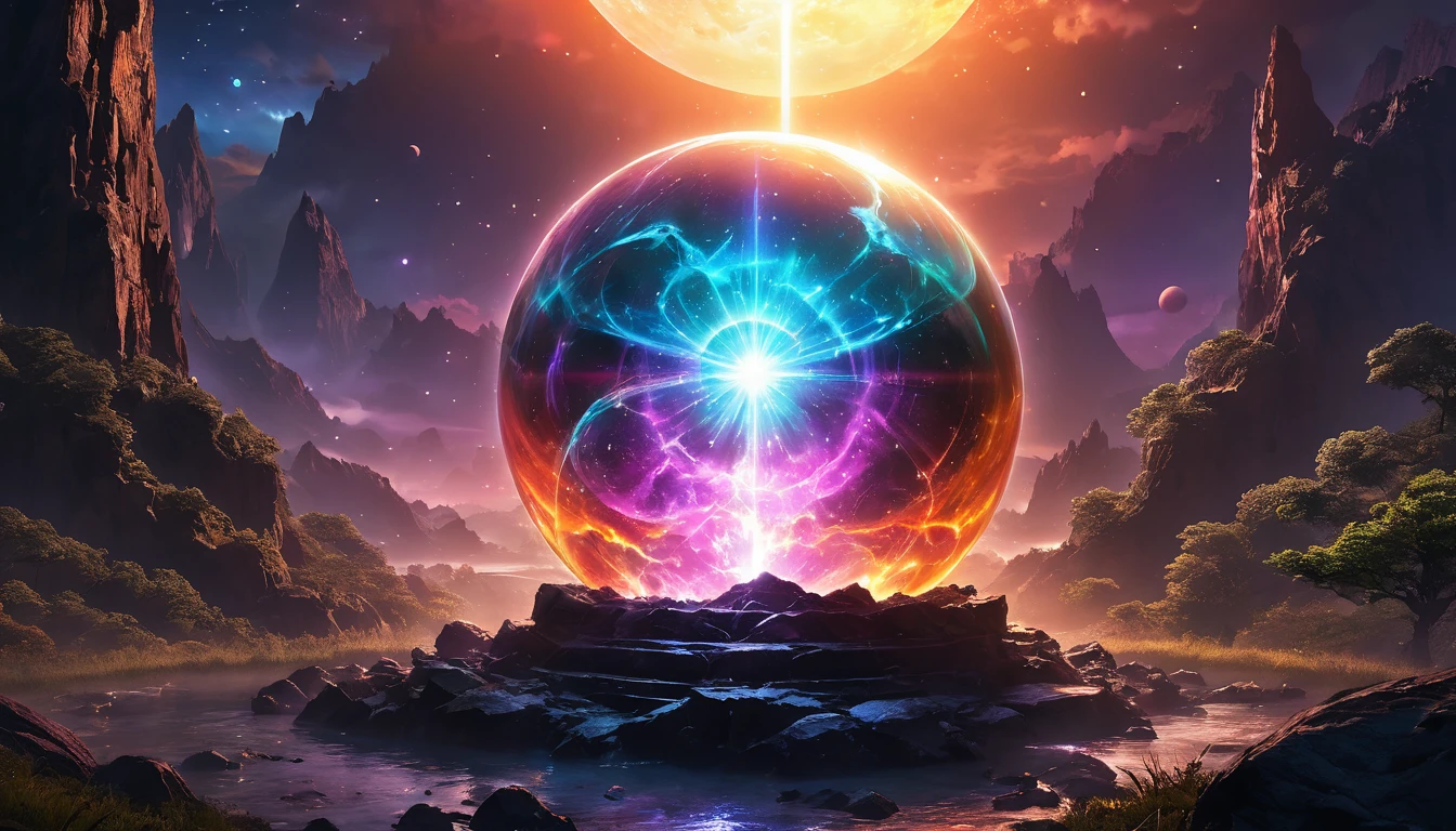 (anime, fantasy, magic orb), (best quality, highres, HDR:1.2), vibrant colors, mysterious atmosphere, huge magic orb, luminescent glow, otherworldly, enchanting, impact crater, general shot, ethereal light, magical aura