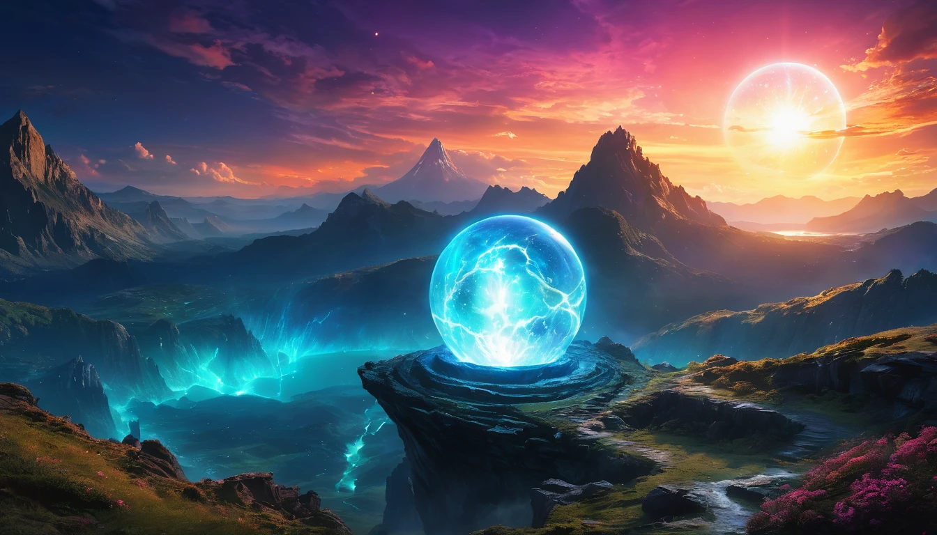 (anime, fantasy, magic orb), (best quality, highres, HDR:1.2), vibrant colors, mysterious atmosphere, huge magic orb, luminescent glow, otherworldly, enchanting, impact crater, general shot, ethereal light, magical aura