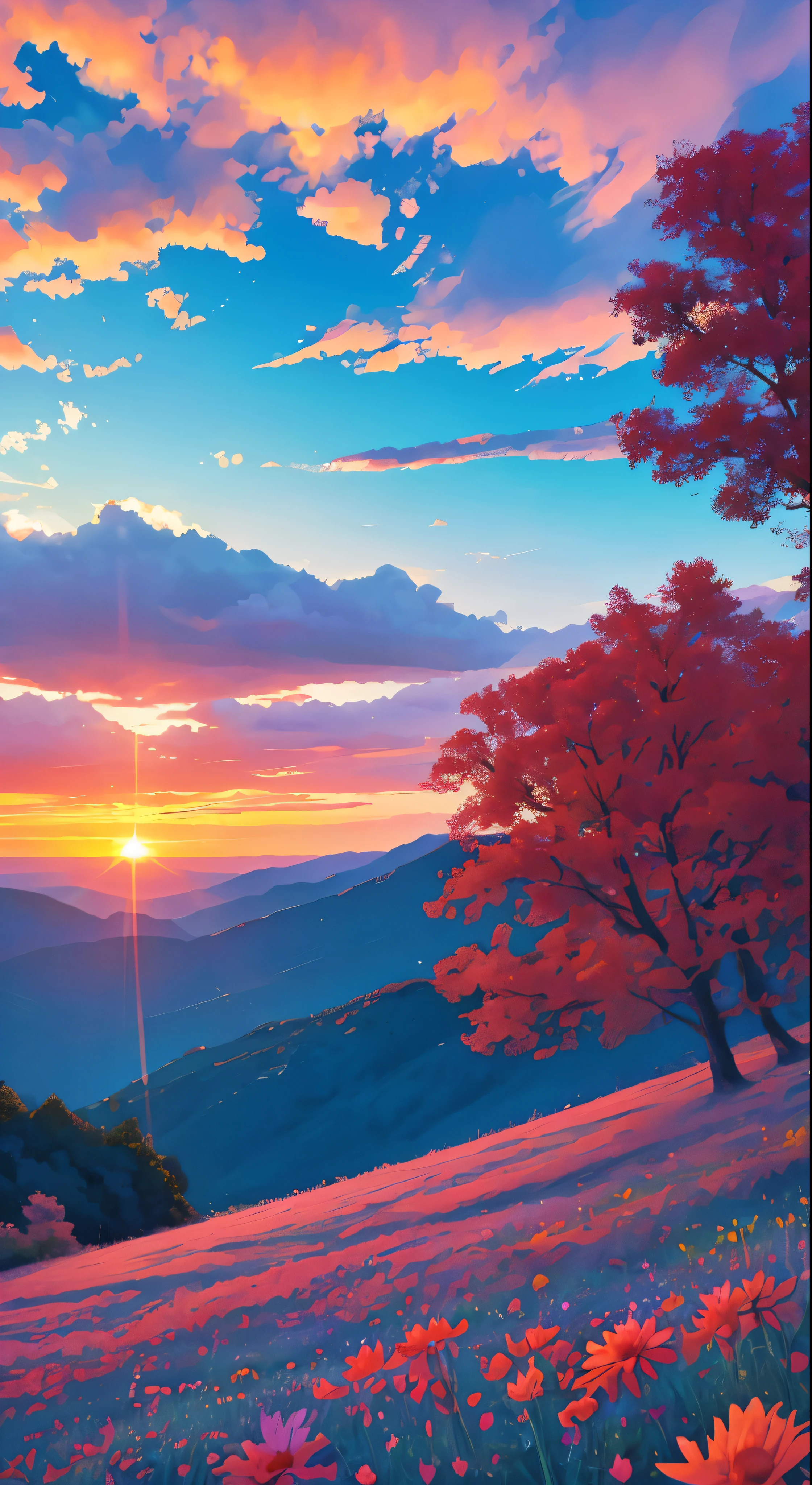 There is a beautiful sunset, the hillside is covered with flowers and plants, the flowers are up close, the colorful sky, the surreal colors, the colorful sunsets, the colorful sky, the marvelous sky reflection, the amazing sky, the fantastic atmosphere 8K, the colorful clouds, the color reflection on the lake, the surreal sky, the red and blue reflection, the fire reflection, the beautiful sky, the beautiful and spectacular dusk, the beautiful dream landscape, the amazing sky