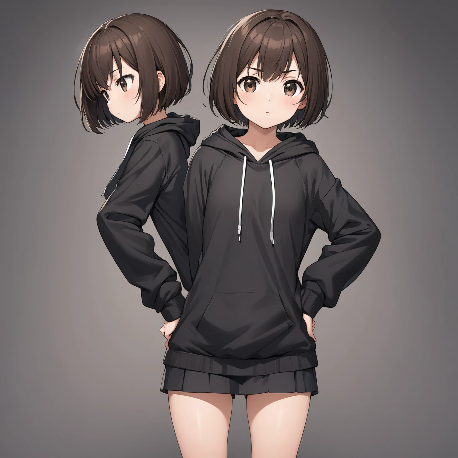 Lonely woman Short hair Black hoodie only Beautiful thighs exposed, Hands on hips, Push out front Appearance of a 5 year old Reclusive girl 1 person dark brown hair Confused eyes