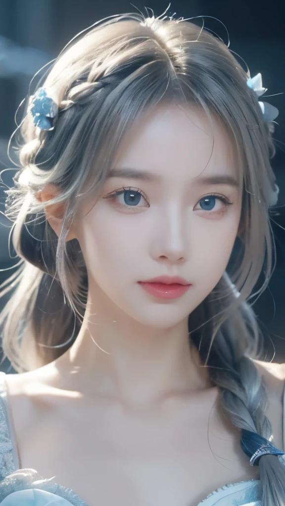 (Above),Dynamic Angle,Very detailed, shape, Direct, 1 girl, (fantasy:1.4), (Light blue eyes:1.233),Her eyes shone like Like a dream stars,(Glowing eyes:1.233),(Beautiful and delicate eyes:1.1),(Silver Hair:1.14),(Messy hair,Very long hair,French Braid,Hair between the eyes,Side lock), (+(flower:1.14)),(Chiffon Dress,青いflower柄)/=(:1.24),(Don&#39;t use sleeves,Wide sleeves),(Gloves),necklace,(Micony High Socks),high-heel boots,(Awkward),(stubborn), (Located in an old white palace、Princess bedroom with dressing table and floor-to-ceiling windows),(白いflower,bloom),(Dark blue world tree:1.14),(What&#39;remain),(night:1.2),Like a dream,soul,(Fluorescence), [[Slender fingers and hands:0.55]::0.85],(Finger details),(Soup Dumplings:0.5)、Berets、Miss、18 years old、Large Breasts, best quality, Very detailed, Beautiful Lights, beautiful scenery, Mild hot flashes, Smile, ((masterpiece)), (Japanese cartoons:1.5), ((best quality)), (RAW photos: 1.2), (Professional photography:1.2), whole body, 8K, from the side, Wide-angle lens,