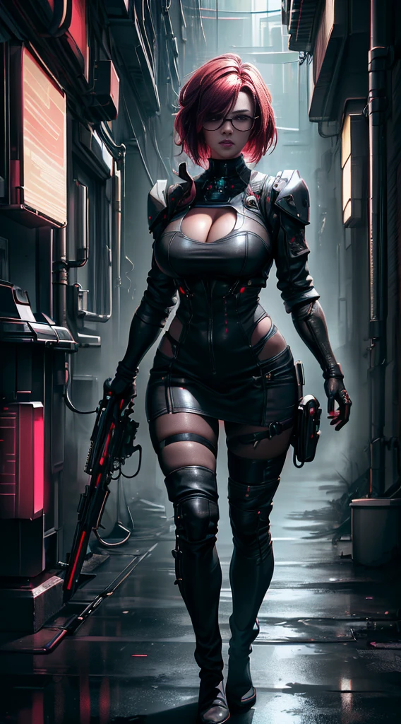 ((Best quality)), ((masterpiece)), (detailed:1.4), 3D, an image of a beautiful cyberpunk female,HDR (High Dynamic Range),Ray Tracing,NVIDIA RTX,Super-Resolution,Unreal 5,Subsurface scattering,PBR Texturing,Post-processing,Anisotropic Filtering,Depth-of-field,Maximum clarity and sharpness,Multi-layered textures,A 1 girl and Specular maps,Surface shading,Accurate simulation of light-material interaction,Perfect proportions,Octane Render,Two-tone lighting,Wide aperture,Low ISO,red balance,Rule of thirds,8K RAW, big tits(cleavage tits), red hair, black dark and red armor, glasses, red eyes, short hair, red and black color of weapon gun, serious look, black back cape