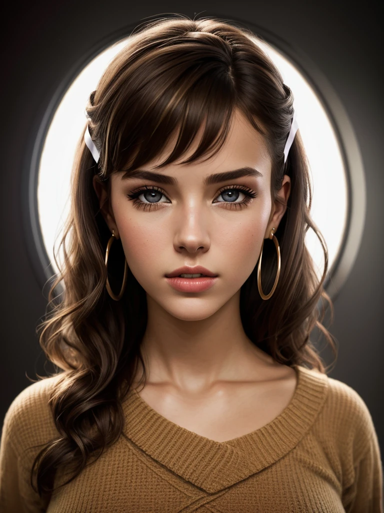 illustration, style of Philip Lorca diCorcia, cinematic film still portrait of young girl aged 18 yrs old, 1girl, solo, Instagram model, athletic figure, pretty face, youthful face, wearing a brown sweater, light brown hair, curly hair, crossed bangs, constricted pupils, hair ribbon, hoop earrings, cinematic lighting, Ultra-Wide Angle, Canon, bust chart, Hyperrealism, UHD, masterpiece, textured skin, high details, best quality, detailed eyes, detailed iris, full body photo
