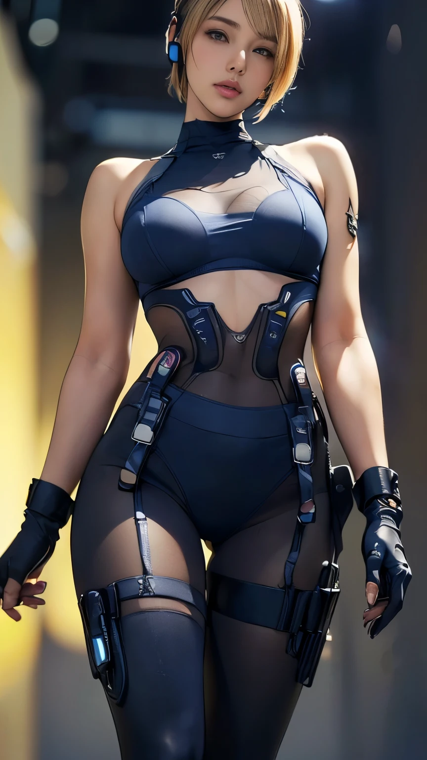 (A woman),(((A female member of the Future Force rides a motorcycle))),((Navy blue tactical tights:1.5)),((earphone:1.5)),((Tactical Holster:1.5)),(Gloves:1.5),(Serious:1.5),(Super short hair:1.5),(Blonde:1.5),(beautiful eyes:1.3),(Very detailedな顔:1.5),((Very detailedな女性の手の描画:1.5)),((muscular:1.5)),(Sexy appearance:1.5),((Thick thighs:1.5)),(Beautiful Body:1.5),((Very sensual:1.5)),(Background is hanger:1.5),(Cyberpunk atmosphere:1.5),(((Blurred Background:1.5))),(Written border depth:1.5),rest(((masterpiece:1.5),(best quality:1.5),(Very detailed:1.5),(high resolution:1.5),(Practical:1.5),(Practical:1.5),(Delicate depiction),(Carefully drawn))),8K,wallpaper