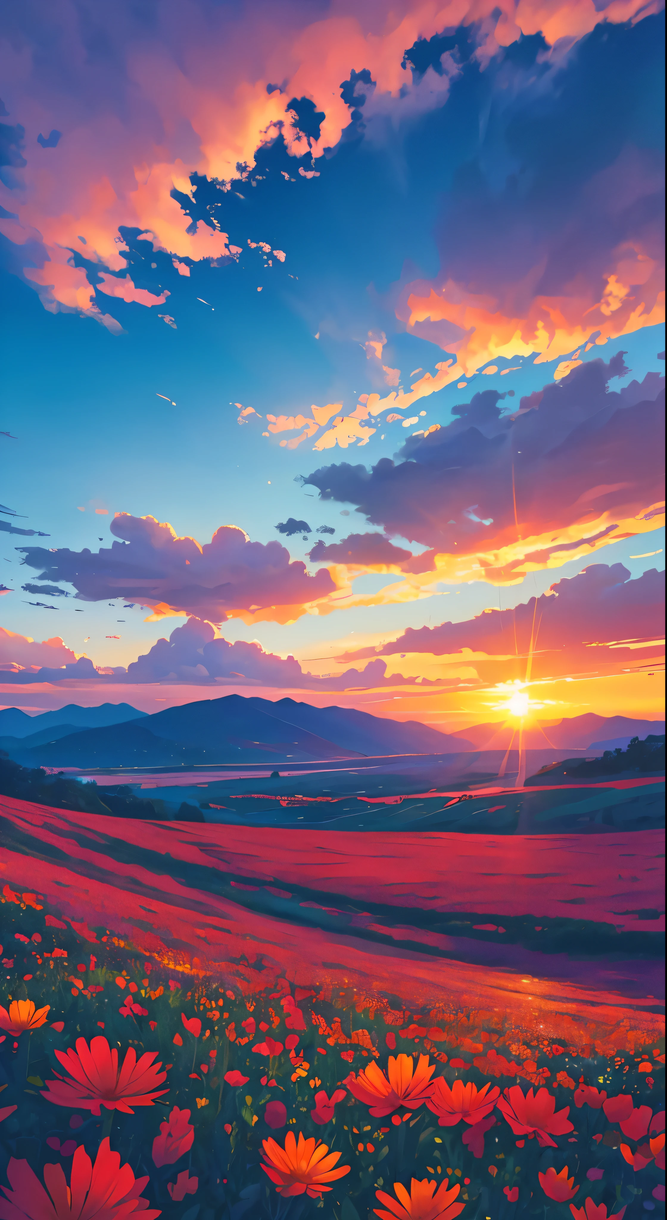 There is a beautiful sunset, the hillside is covered with flowers and plants, the flowers are up close, the colorful sky, the surreal colors, the colorful sunsets, the colorful sky, the marvelous sky reflection, the amazing sky, the fantastic atmosphere 8K, the colorful clouds, the color reflection on the lake, the surreal sky, the red and blue reflection, the fire reflection, the beautiful sky, the beautiful and spectacular dusk, the beautiful dream landscape, the amazing sky