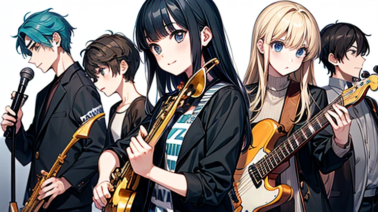 rock band、Alto saxophone、trombone、guitar、base、percussion、Young people playing enthusiastically、スーツを着たskajazzrock band
