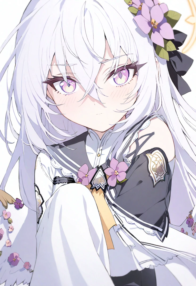 azusa \(blue archive\), 1girl bare_shoulders black_dress blush closed_mouth dress flower hair_between_eyes hair_flower hair_ornament halo long_hair looking_at_viewer pink_eyes simple_background sleeveless sleeveless_dress solo_focus very_long_hair white_background white_hair wings
