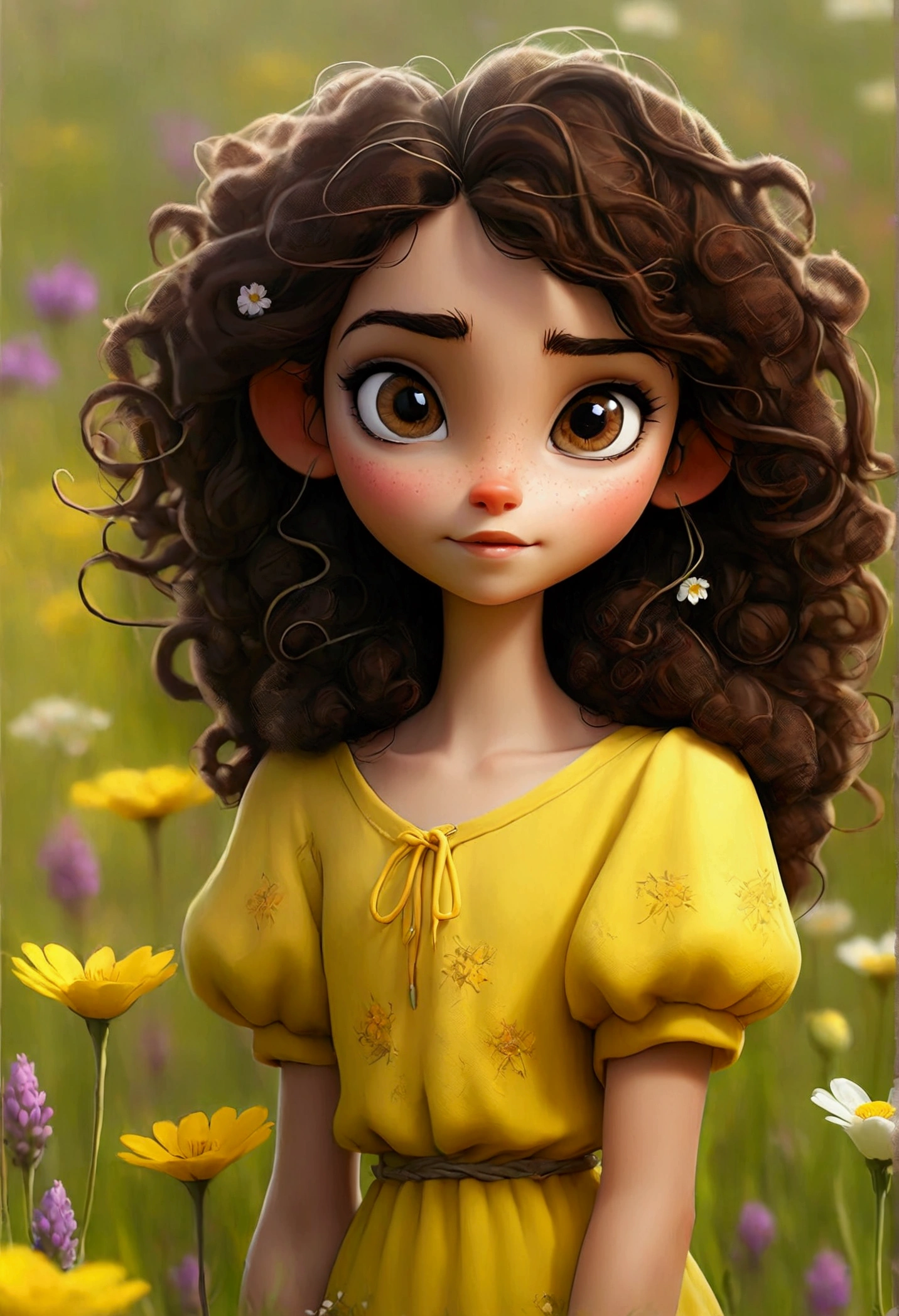 Brunette girl with beautiful eyes and a tender smile and dark curly hair, dressed in yellow and standing in a field of beautiful wildflowers. And with fairy dust.