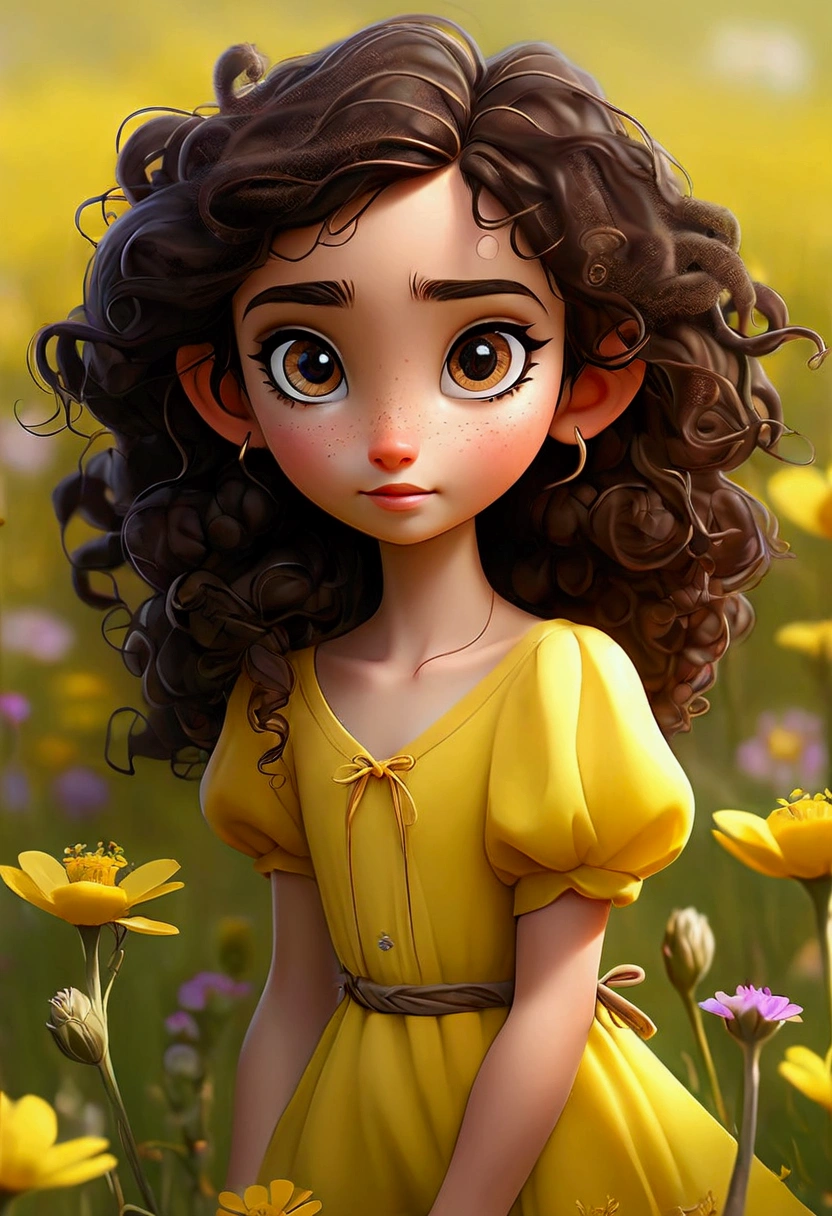 Brunette girl with beautiful eyes and a tender smile and dark curly hair, dressed in yellow and standing in a field of beautiful wildflowers. And with fairy dust.