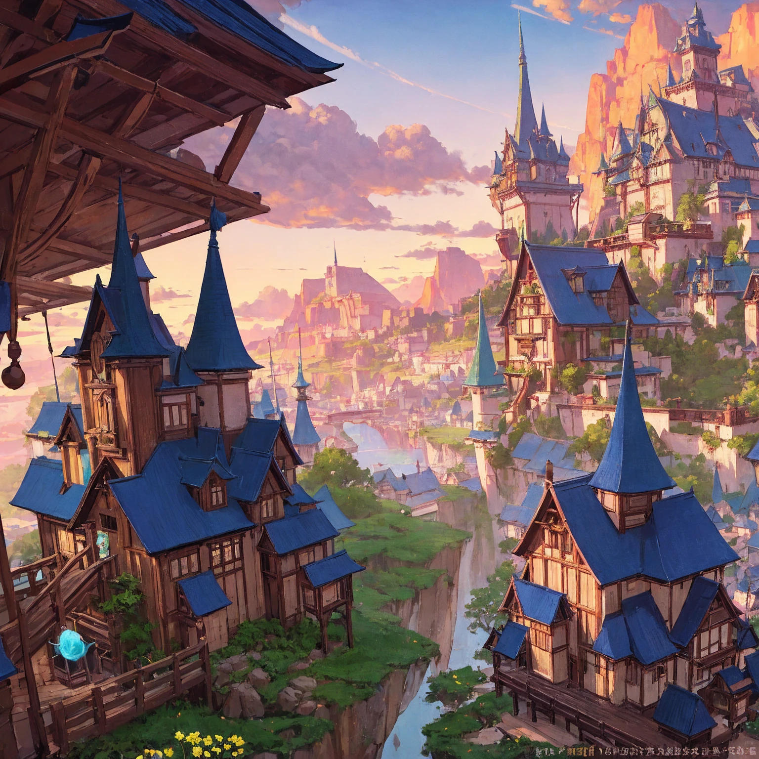 Masterpiece, high quality, a beautiful picture depicts a fairy tale world about green, rose hut, fairyland, terraced fields around the house, blue rose flowers, green rice fields, red sky, grey clouds, Hayao Miyazaki, perfect sy symmetrical composition, stone bricks floor