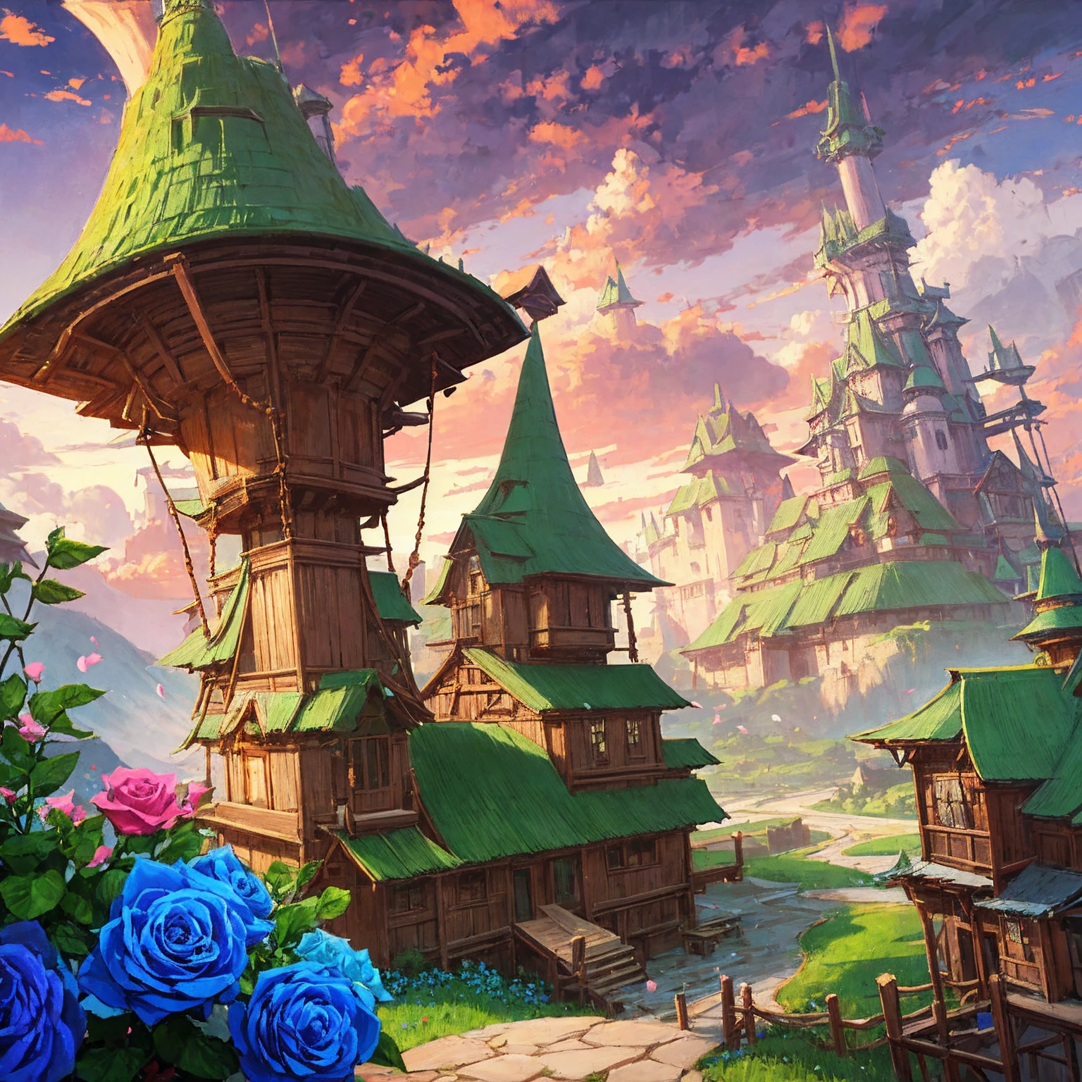 Masterpiece, high quality, a beautiful picture depicts a fairy tale world about green, rose hut, fairyland, terraced fields around the house, blue rose flowers, green rice fields, red sky, grey clouds, Hayao Miyazaki, perfect sy symmetrical composition, stone bricks floor