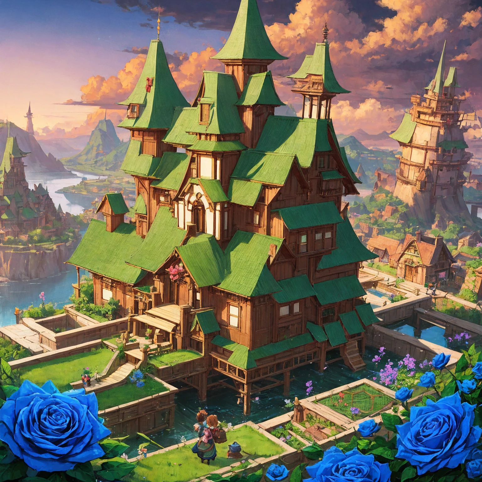 Masterpiece, high quality, a beautiful picture depicts a fairy tale world about green, rose hut, fairyland, terraced fields around the house, blue rose flowers, green rice fields, red sky, grey clouds, Hayao Miyazaki, perfect sy symmetrical composition, stone bricks floor