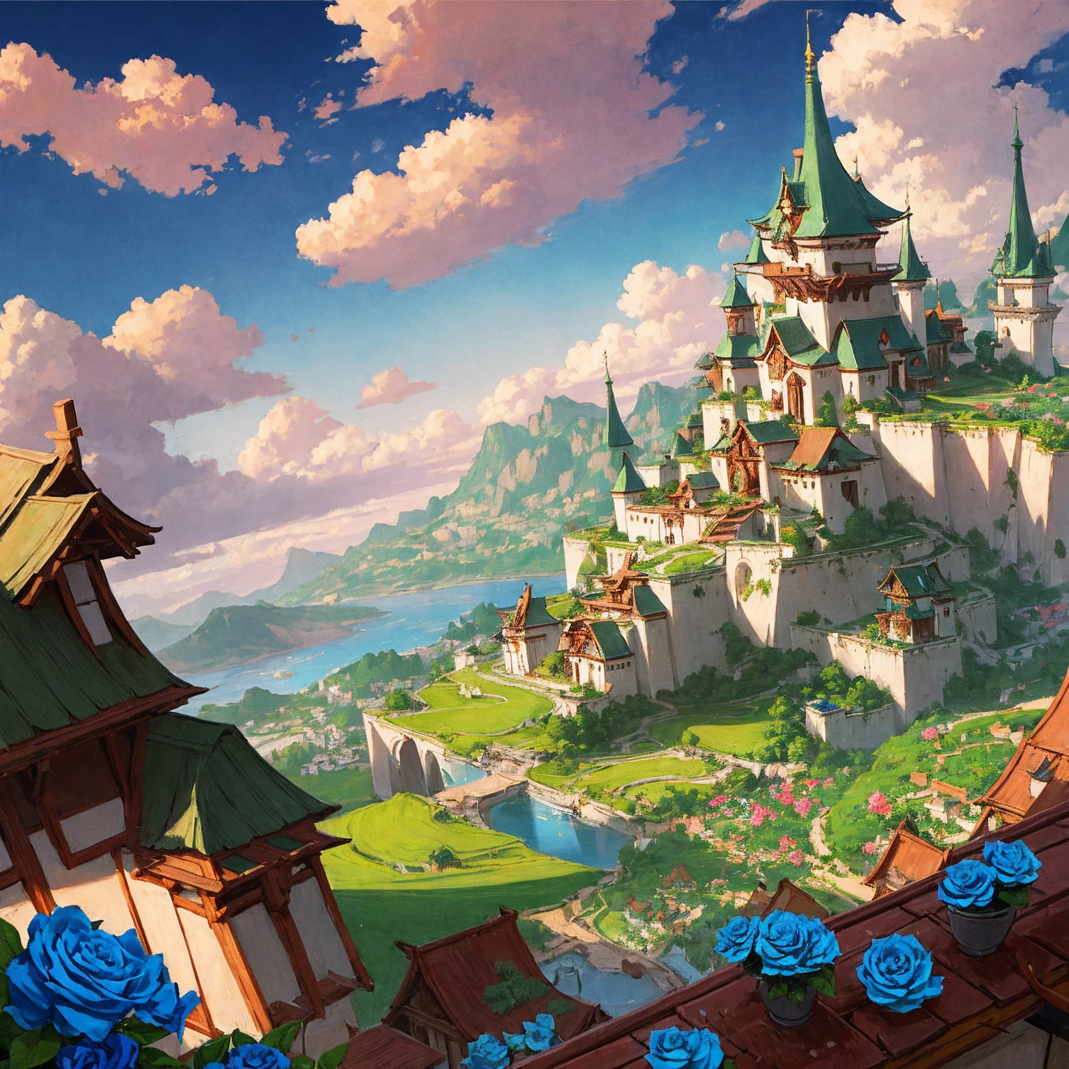 Masterpiece, high quality, a beautiful picture depicts a fairy tale world about green, rose hut, fairyland, terraced fields around the house, blue rose flowers, green rice fields, red sky, grey clouds, Hayao Miyazaki, perfect sy symmetrical composition, stone bricks floor