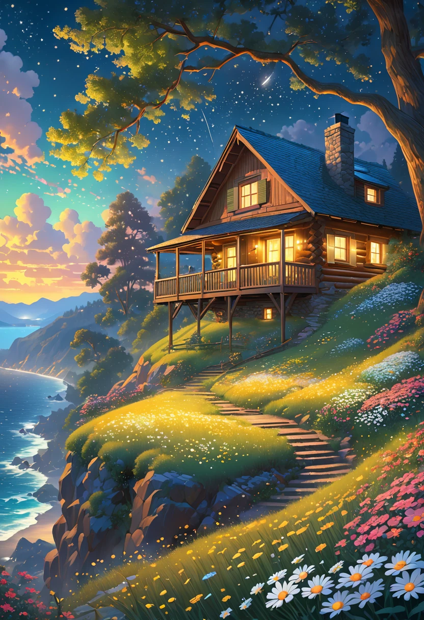 masterpiece, UTRA HD, 8k ,FULL anime-realistic scene of a cabin under a tree, on the edge of a cliff, a field with daisy flowers, that serene night, quiet, , with some small fireflies emerging from the grassland,ULTRA Style Kilian Eng and Thomas Kinkade, Rob Gonsalves and Tim White , silvain sarriel. Rhads and Thomas Kinkade, inspired by RHADS, cyril rolando and m.I'm confused, cyril rolando and m. I'm confused, Rhads!!!, animated background, animated background art, beautiful anime scene, Over the clouds, Kilian Eng y Thomas Kinkade, Rob Gonsalves y Tim White., silvain sarriel, Rhads y Thomas Kinkade, inspired by RHADS, cyril rolando and m.I'm confused, cyril rolando and m. I'm confused, Rhads!