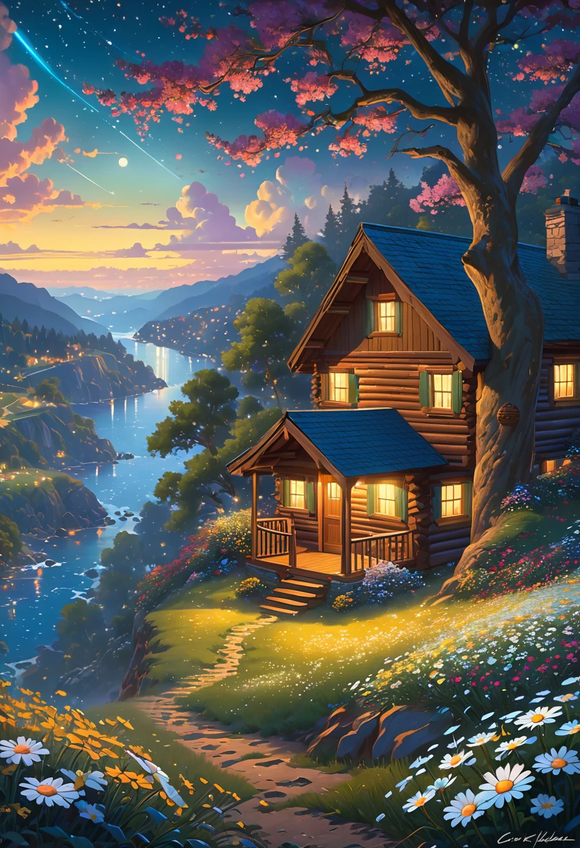 masterpiece, UTRA HD, 8k ,FULL anime-realistic scene of a cabin under a tree, on the edge of a cliff, a field with daisy flowers, that serene night, quiet, , with some small fireflies emerging from the grassland,ULTRA Style Kilian Eng and Thomas Kinkade, Rob Gonsalves and Tim White , silvain sarriel. Rhads and Thomas Kinkade, inspired by RHADS, cyril rolando and m.I'm confused, cyril rolando and m. I'm confused, Rhads!!!, animated background, animated background art, beautiful anime scene, Over the clouds, Kilian Eng y Thomas Kinkade, Rob Gonsalves y Tim White., silvain sarriel, Rhads y Thomas Kinkade, inspired by RHADS, cyril rolando and m.I'm confused, cyril rolando and m. I'm confused, Rhads!