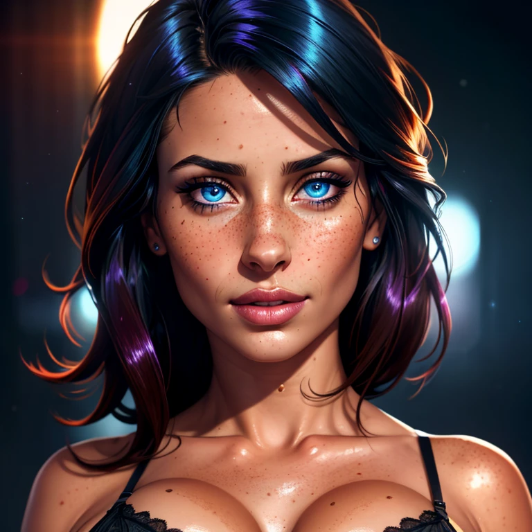 (UHD, retina, masterpiece, accurate, anatomically correct, textured skin, super detail, high details, high quality, best quality, high res, 1080P, HD, 4K, 8k, 16k), (beautiful detailed blue eyes, beautiful detailed lips, extremely detailed eyes and face), studio lighting, physically-based rendering, vivid colors, (large sexy breasts), lace demi-cup bra, (portrait, side cut, shiny hair, shiny skin, blush), (bokeh), eye reflection,, dark atmosphere, highly detailed skin texture, extreme details, perfect breast, dark tanned skin, freckles,, ultra detailed skin texture, soft lights,pale skin