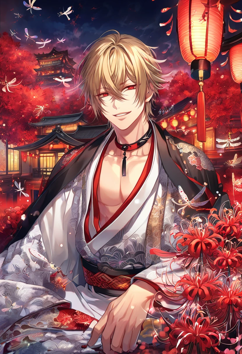 absurdres, highres, ultra detailed, HDR, master piece, best quality, detailed eyes, extremely detailed, delicated features, Kazama Chikage, dark blonde hair, expressive red eyes, Hakuouki, solo, sexy man sitting, handsome, smile, white kimono, black haori, red collar, magical, fantasy, red spider lilies, red glittering dragonflies, red lanterns, traditional Japanese house, red trees, envy magical