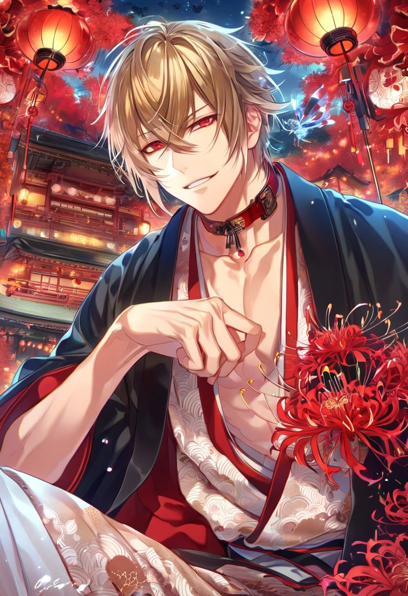 absurdres, highres, ultra detailed, HDR, master piece, best quality, detailed eyes, extremely detailed, delicated features, Kazama Chikage, dark blonde hair, expressive red eyes, Hakuouki, solo, sexy man sitting, handsome, smile, white kimono, black haori, red collar, magical, fantasy, red spider lilies, red glittering dragonflies, red lanterns, traditional Japanese house, red trees, envy magical