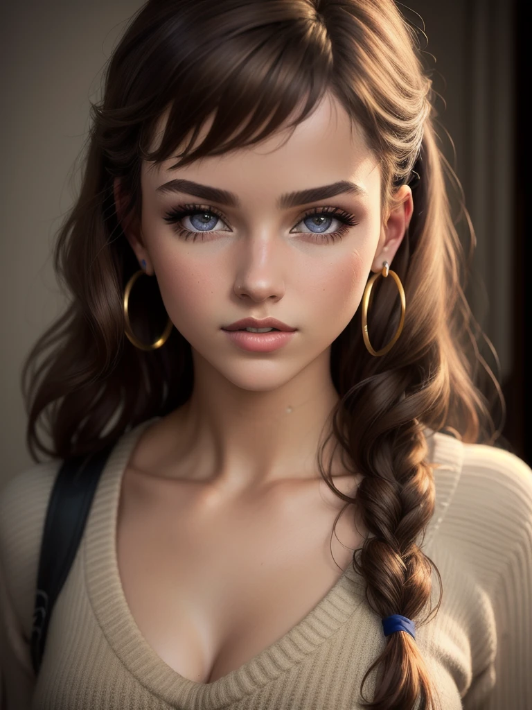 illustration, style of Philip Lorca diCorcia, cinematic film still portrait of young girl aged 18 yrs old, 1girl, solo, Instagram model, athletic figure, pretty face, youthful face, wearing a brown sweater, light brown hair, curly hair, crossed bangs, constricted pupils, hair ribbon, hoop earrings, cinematic lighting, Ultra-Wide Angle, Canon, bust chart, Hyperrealism, UHD, masterpiece, textured skin, high details, best quality, detailed eyes, detailed iris, full body photo