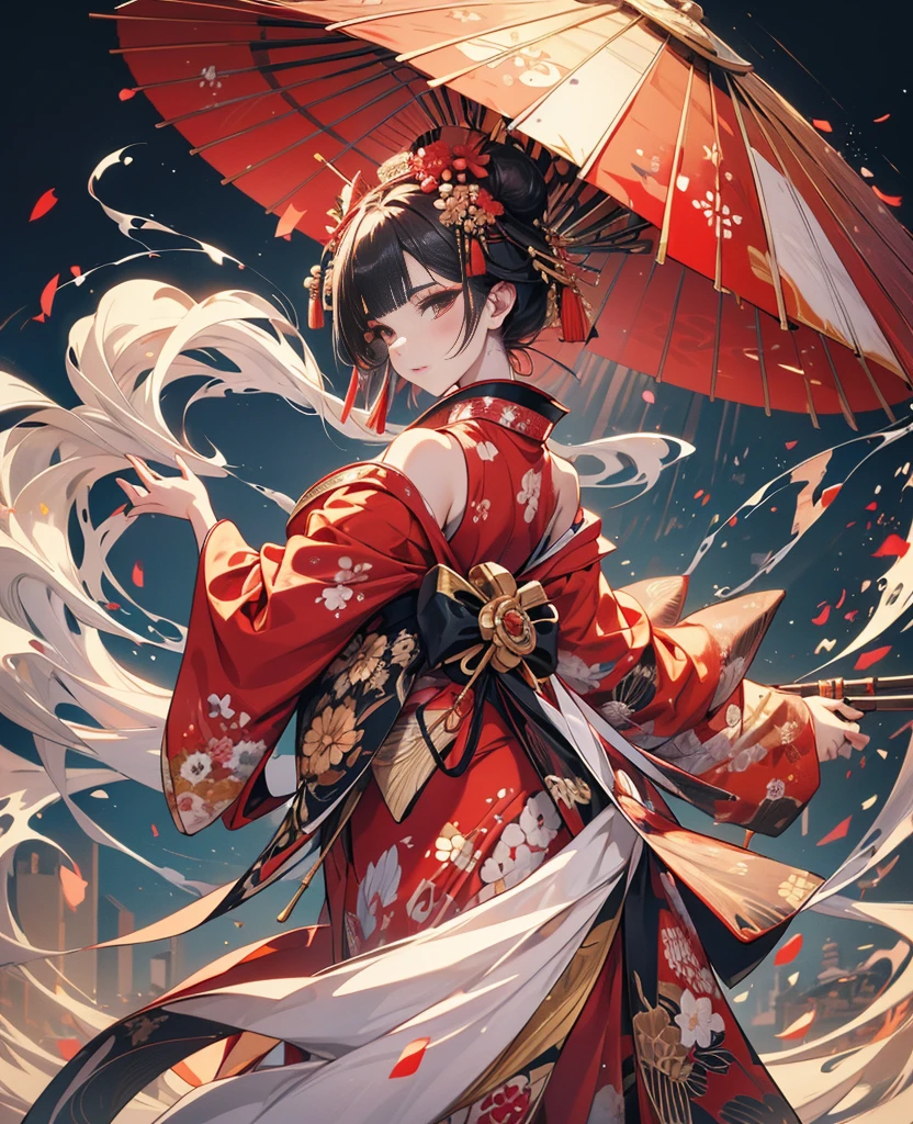 from behind,whole body,Oiran,luxurious makeup,(Gorgeous costumes,A kimono with a wide open back collar from the nape to the back:1.2),(Oiranの髪飾り,Big Barrel,Disheveled Hair),Large umbrella,(Smoke pipe),Osaka Castle seen in the distance,Dynamic movement and powerful brushstrokes、Drawing strokes drawn with rot ring 0,
