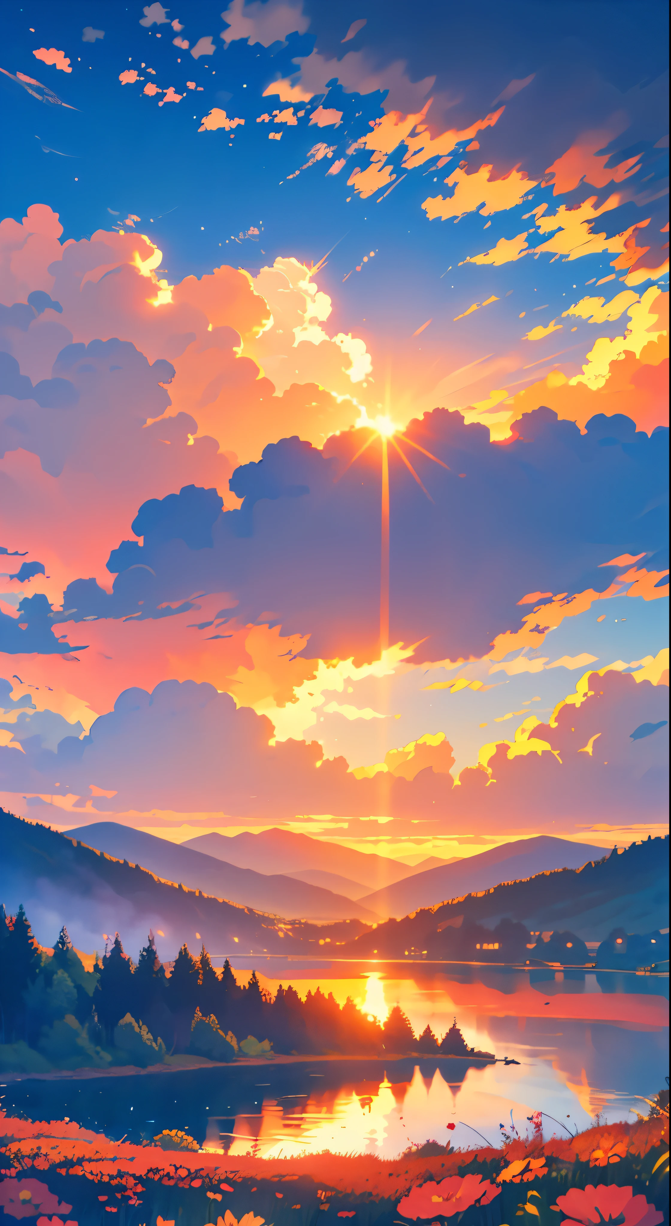 There is a beautiful sunset, the hillside is covered with flowers and plants, the flowers are up close, the colorful sky, the surreal colors, the colorful sunsets, the colorful sky, the marvelous sky reflection, the amazing sky, the fantastic atmosphere 8K, the colorful clouds, the color reflection on the lake, the surreal sky, the red and blue reflection, the fire reflection, the beautiful sky, the beautiful and spectacular dusk, the beautiful dream landscape, the amazing sky