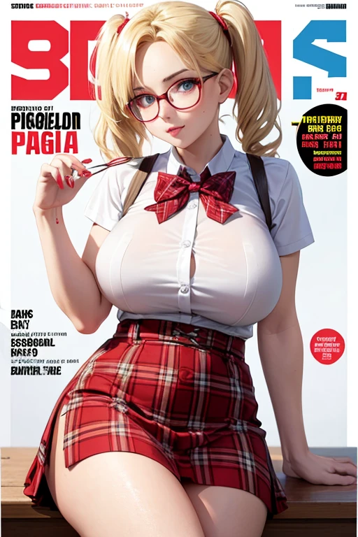 magazine cover, blonde, pigtails, big breasts, sexy pose, white shirt, red plaid skirt, glasses