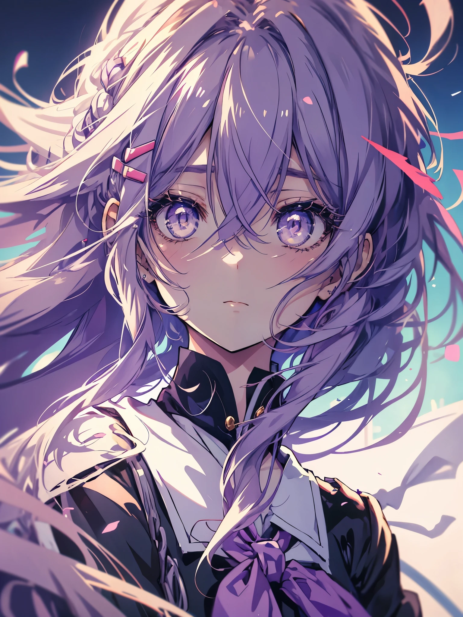2d, work of art, best qualityer, アニメ, highy detailed, 1 girl, standing alone, yuri, purples eyes, cabelo roxo, hair between the eyes, hair clip, schoolar uniform, Yandere face
