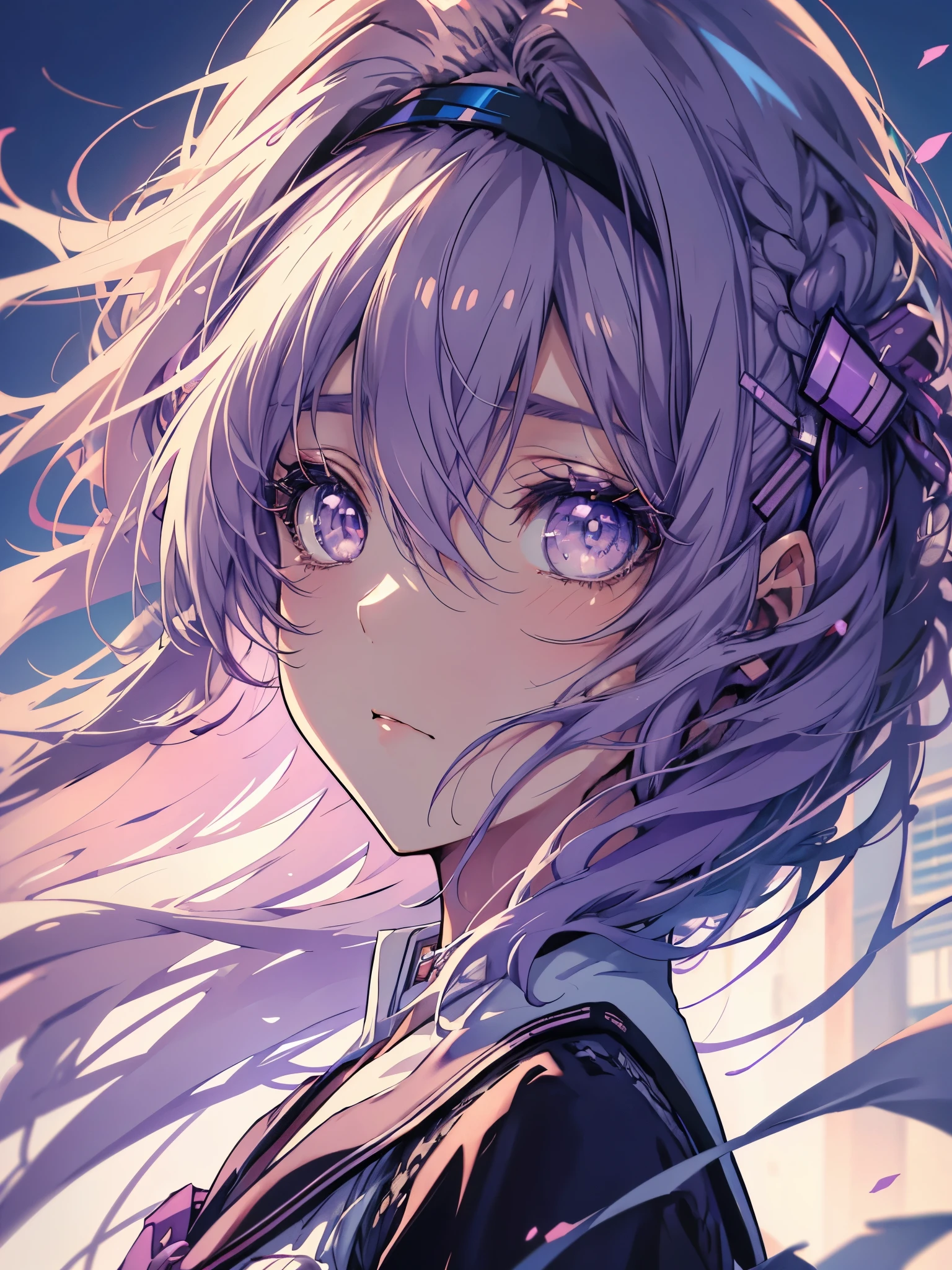 2d, work of art, best qualityer, アニメ, highy detailed, 1 girl, standing alone, yuri, purples eyes, cabelo roxo, hair between the eyes, hair clip, schoolar uniform, Yandere face