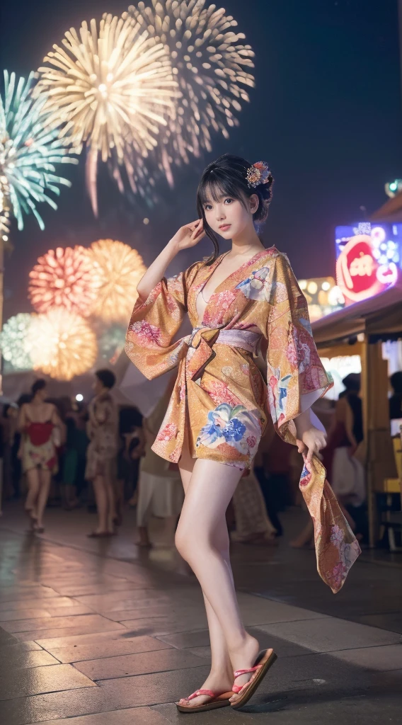 (((Masterpiece，Highest quality，Highest quality，8k，16K))，((Ultra-high resolution，Super detailed)))，Japanese，beautiful girl，glamorous，Golden Ratio Style，Yukata，Hair tying，hairpin，Drawstring bag，geta，night，Outdoor，Summer festival，street vendors，Opening a store，Fireworks display，Fireworks、((河川敷にてSummer festivalのメインイベントであるFireworks displayのFireworksを背景にしたスナップ写真))，(日本のSummer festivalの風景)，