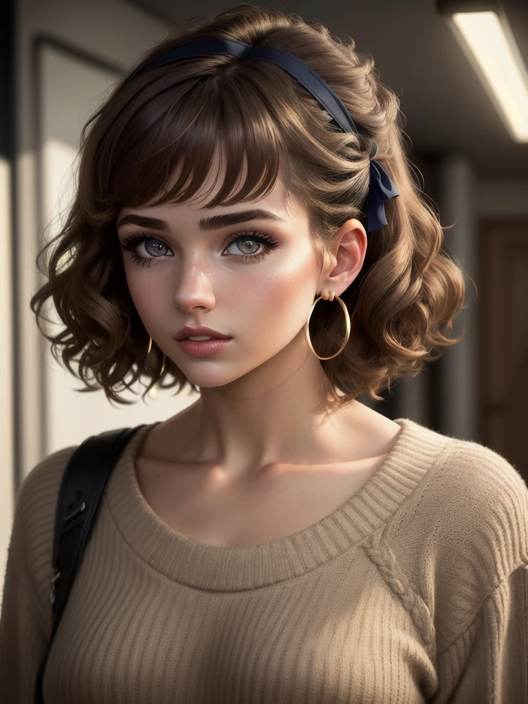 illustration, style of Philip Lorca diCorcia, cinematic film still portrait of young girl aged 18 yrs old, 1girl, solo, Instagram model, athletic figure, pretty face, youthful face, wearing a brown sweater, light brown hair, curly hair, crossed bangs, constricted pupils, hair ribbon, hoop earrings, cinematic lighting, Ultra-Wide Angle, Canon, bust chart, Hyperrealism, UHD, masterpiece, textured skin, high details, best quality, detailed eyes, detailed iris, full body photo