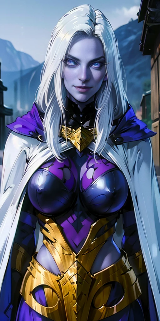 (Female chest covered)(smile) Gray skin, pale golden hair and violet eyes. She prefers clothing of white and silver with cloaks of deep blue or purple, village background, huge_knockers ((very precise detailed)) ((highres)