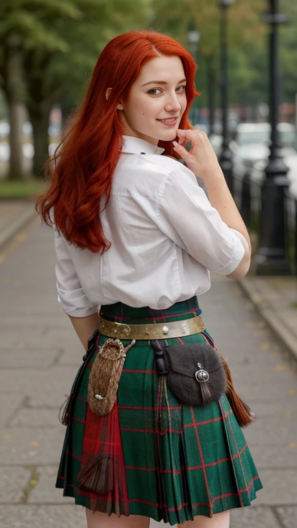 from behind view, Full-body, on street ,  front Scotland Yard  ,standing pose,  looking at viewer, beautiful Scottish girl, 18 years-old, (red  hair , blew eye,  middle hair, smile ), A beautiful Scottish woman wearing traditional Highland dress, (long kilt skirt:1.3), including a tartan kilt and accessories like a sporran and sash, (super detail, high details, high quality, accurate, anatomically correct, textured skin, beautiful fingers super detail, high details, high quality, best quality)