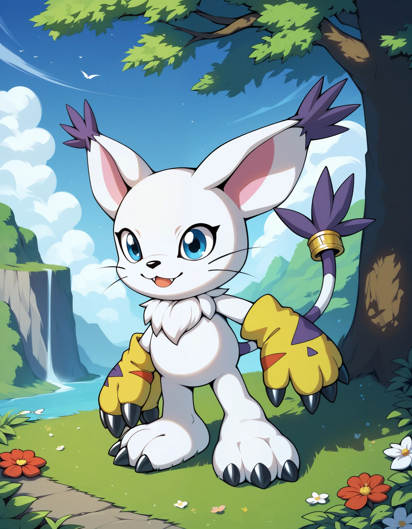 source_furry, absurdres, masterpiece, outstanding,, GATOMON, TAIL RING, RINGLESS, solo, digimon, in a forest, blue eyes, 