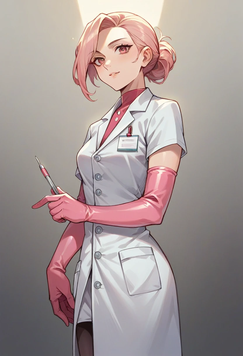 1 girl, light hair, ((pink elbow gloves)), ((surgical gloves)), ((latex gloves)), ((long sleeves)) ((white surgeon outfit)), gazing at viewer, ((doctor)), standing, standing alone