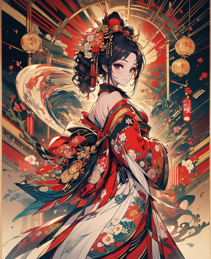 from behind,whole body,Oiran,luxurious makeup,(Gorgeous costumes,A kimono with a wide open back collar from the nape to the back:1.2),(Oiranの髪飾り,Big Barrel,Disheveled Hair),Large umbrella,(Smoke pipe),Osaka Castle seen in the distance,Dynamic movement and powerful brushstrokes、Drawing strokes drawn with rot ring 0,
