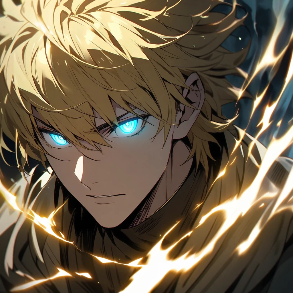 male, solo, handsome, blond hair, god, god eyes, glowing eyes, light, aura, holo, golden