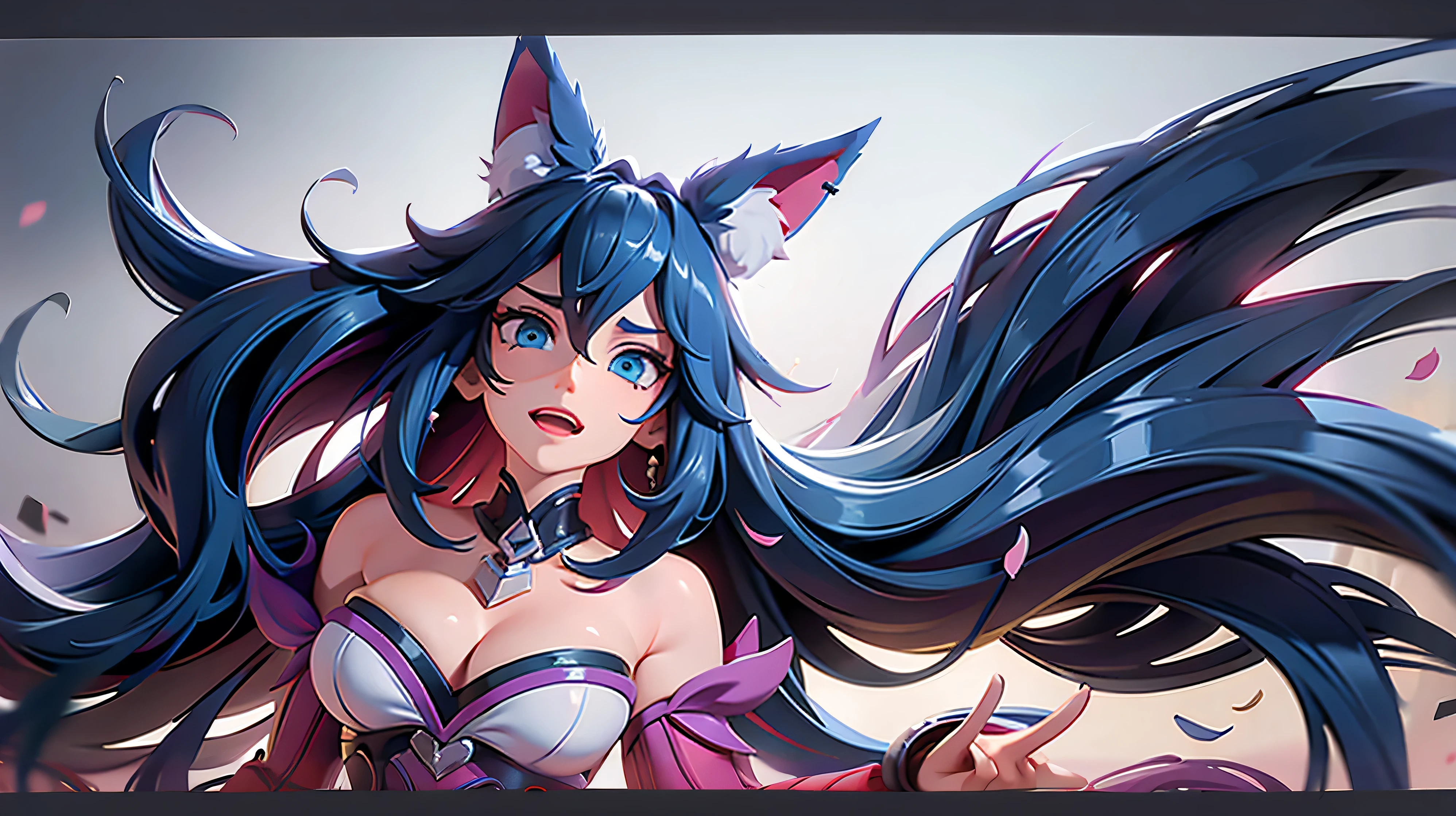 woman, gradient hair, dark blue hair, multicolored hair, long hair, ponytail, Cabelo roxo, Olhos roxos, fox ears, seductive smile, Seios grandes, Coxas grandes, Surrealism, Realism, anime style, UHD, masterpiece, anatomically correct, accurate, super detail, high details, best quality, 8k