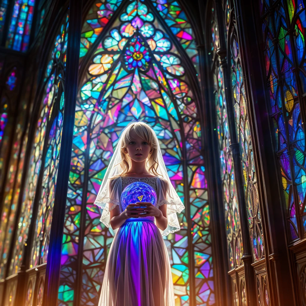  (Cathedral from below:1.28) (ZoomLayer) TopQuality 8K masterpiece of ((Professional photo)), (((Clarisse de Cagliostro))) (Detailed White WeddingDresses), Chain, (((Extremely detailed KAWAII face))) {((VeiledFace))|BlondeHair|(Elaborate BuleEyes)with(SparklingHighlights:1.28)}, The background is distant (((Elaborate stained glass))) Rainbow Glass, {(MysticSight)|EnchantingAtmosphere|Haze|(GodRays)|TyndallEffect}, Radiant PearlSkin with Transparency, (Exposed:0.39)