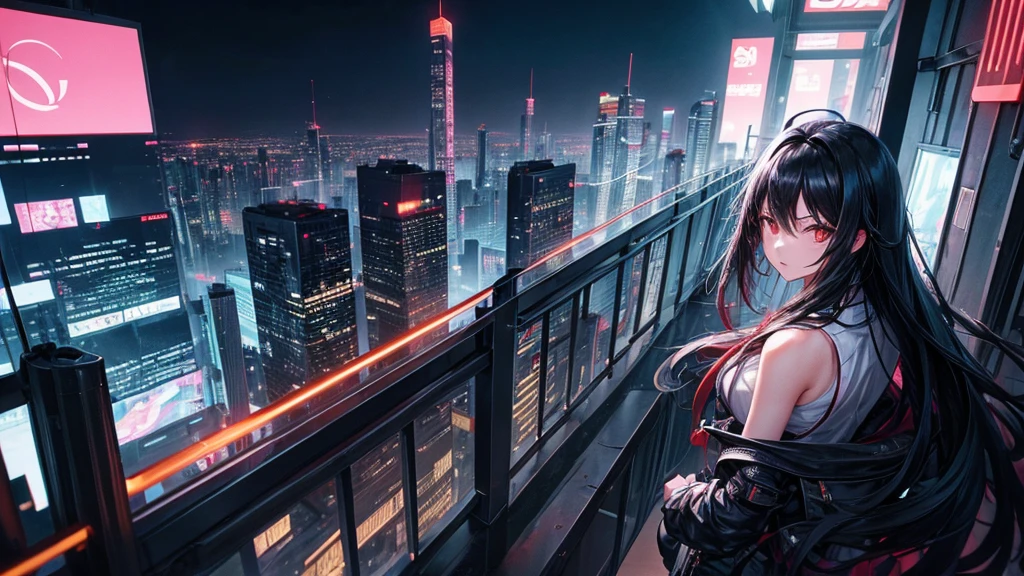 girl with long black hairs standing on the peak of rooftop building at night, looked back to the cyberpunk city