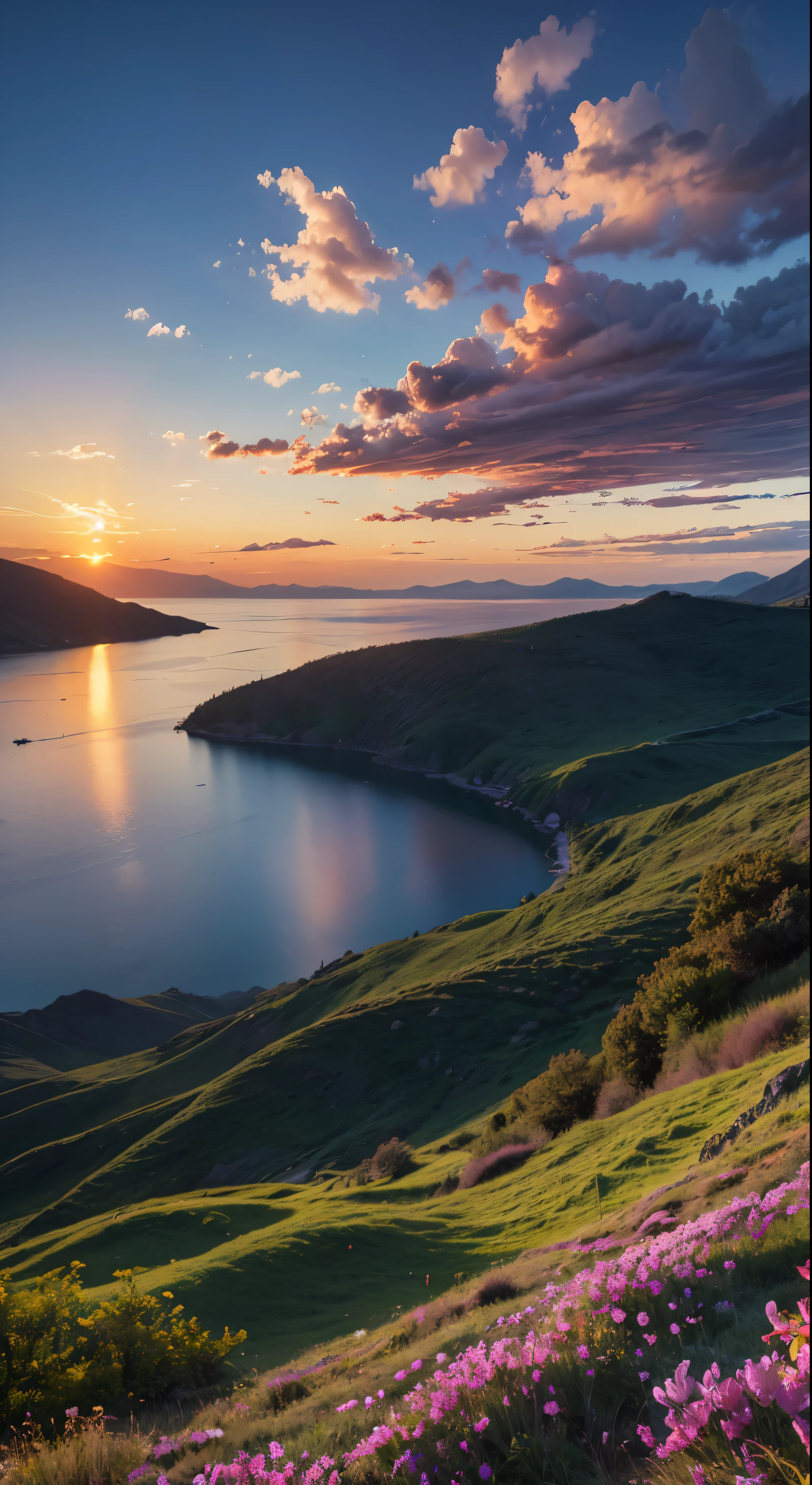 There is a beautiful sunset, the hillside is covered with flowers and plants, the flowers are up close, the colorful sky, the surreal colors, the colorful sunsets, the colorful sky, the marvelous sky reflection, the amazing sky, the fantastic atmosphere 8K, the colorful clouds, the color reflection on the lake, the surreal sky, the red and blue reflection, the fire reflection, the beautiful sky, the beautiful and spectacular dusk, the beautiful dream landscape, the amazing sky