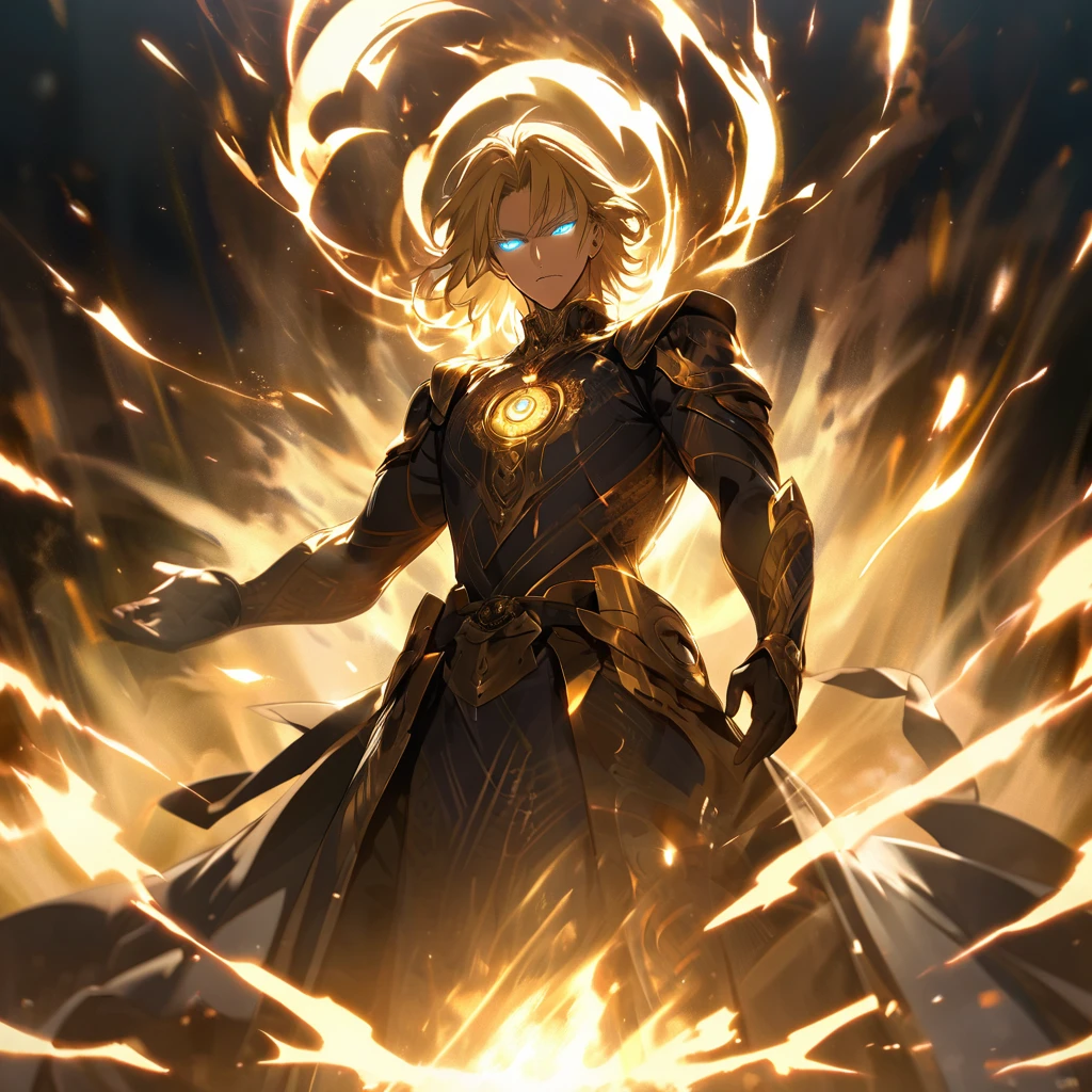 male, solo, handsome, blond hair, god, god eyes, glowing eyes, light, aura, holo, golden