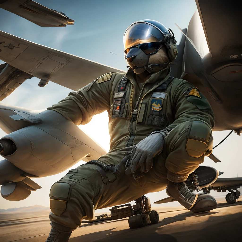 a highly detailed anthropomorphic cat pilot, sitting in the cockpit of a military jet, wearing a flight suit, aviator sunglasses, and a flight helmet, photorealistic, 8k, hyperrealistic, studio lighting, extremely detailed, cinematic composition, striking dramatic pose, dynamic action scene, vibrant colors, volumetric lighting, depth of field, dramatic shadows